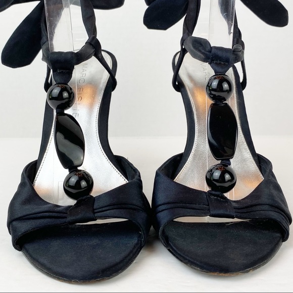 Marc Fisher Black Satin Beaded Ankle Tie Sandals, 8.5 - Picture 5 of 8